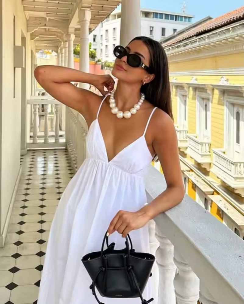 white christmas dresses White Linen Cotton Midi Dress | Deep V-Neck, Lined & Boho main image 1