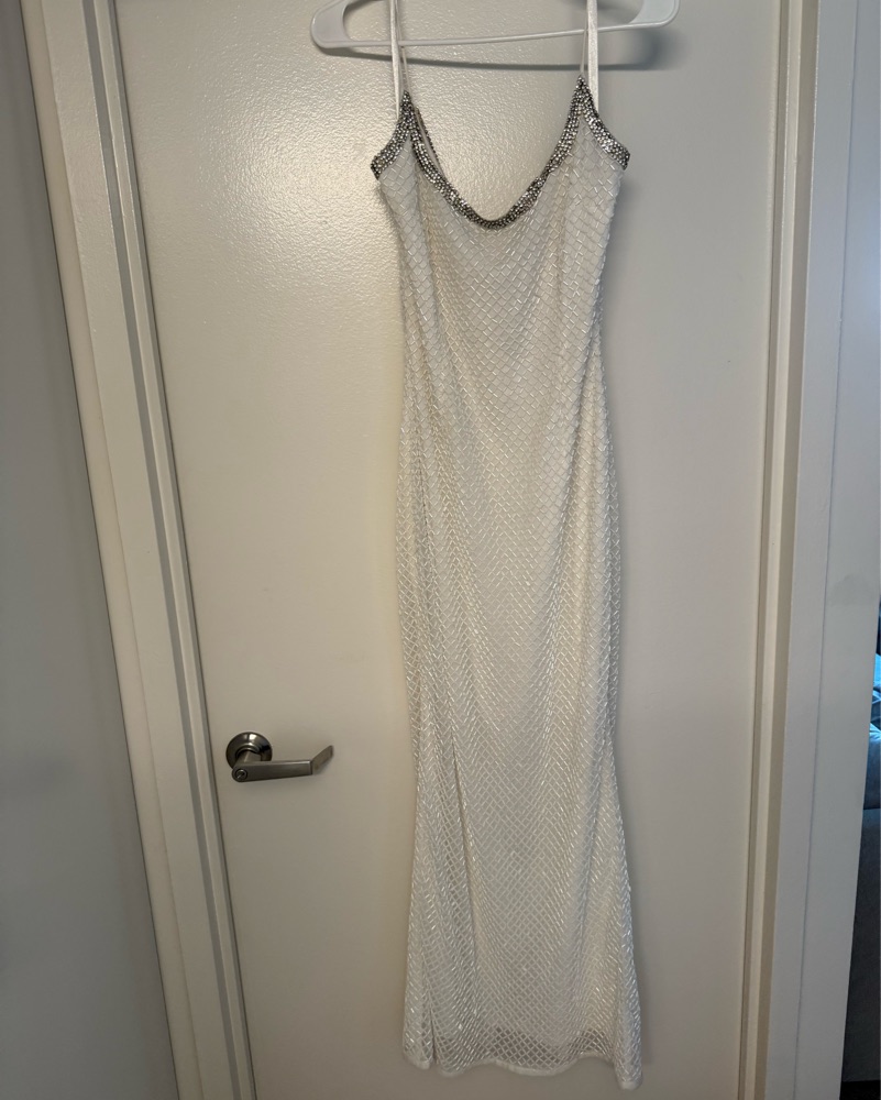 mac duggal white beaded dress Ava Presley 47049 Beaded Halter Gown with Side Slit main image 0