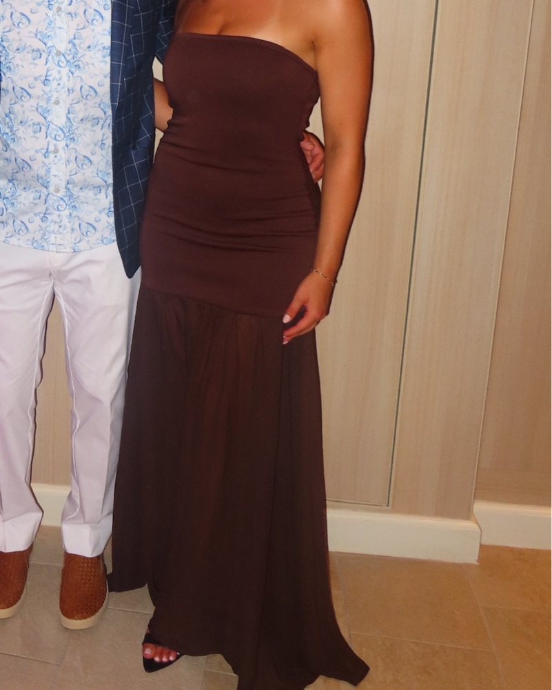 brown sheer dress Wilma Sheer Hem Strapless Midi Dress Orchids Brown main image 0