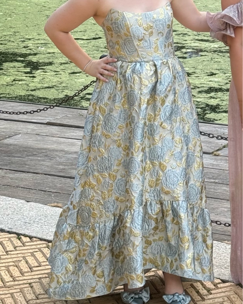 Blue & Gold Floral Jacquard Dress by Dessy Collection - Pickle