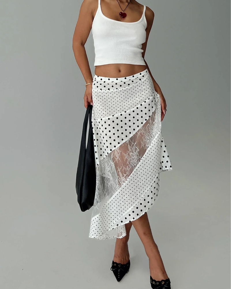 Chic Polka Dot and Lace Midi Skirt by Princess Polly - Pickle