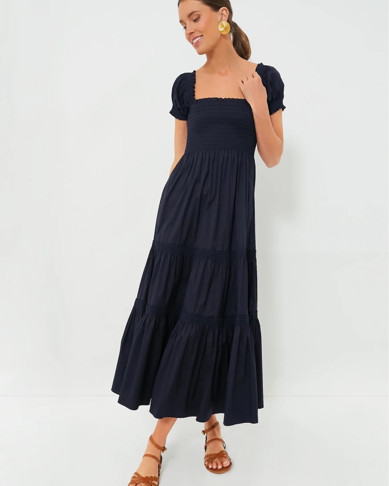 Tory Burch Navy Smocked Cotton Dress by Tory Burch