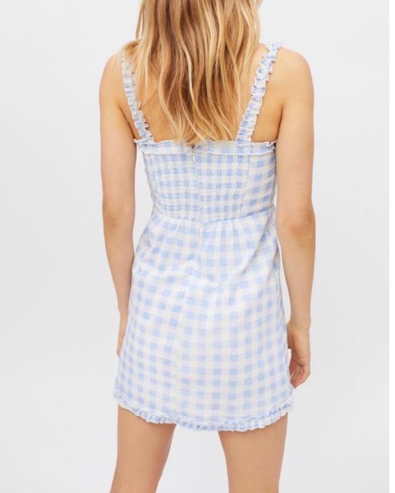 blue plaid dress urban outfitters Powder Blue Plaid Strapless Soft Mini Dress