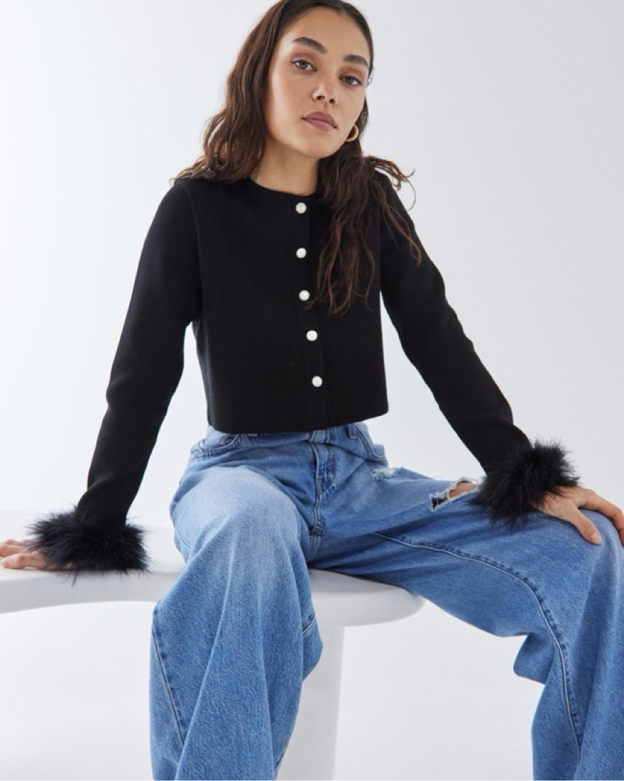 Sleeper Black Feather Cropped Cardigan - Image 1