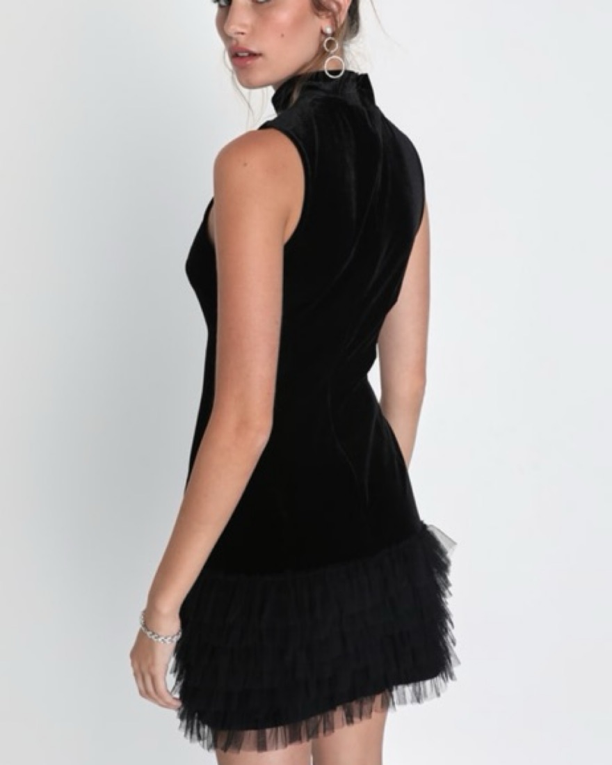 Velvet Mock Neck Mini Ruffle Dress - Image 3