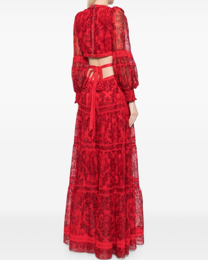 chinese dress ladies Alice + Olivia Red Floral Guipure Lace Maxi Shirt Dress - BOPF