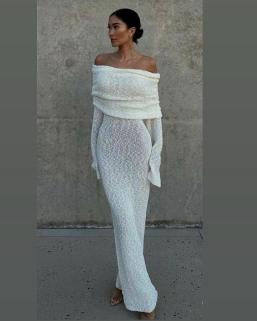 chinese dress ladies Meshki Marisol Off Shoulder Boucle Maxi Dress Ivory to Hire