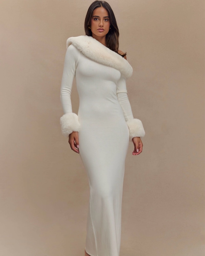Karleigh Faux Fur Knit Maxi Dress by Meshki - Pickle