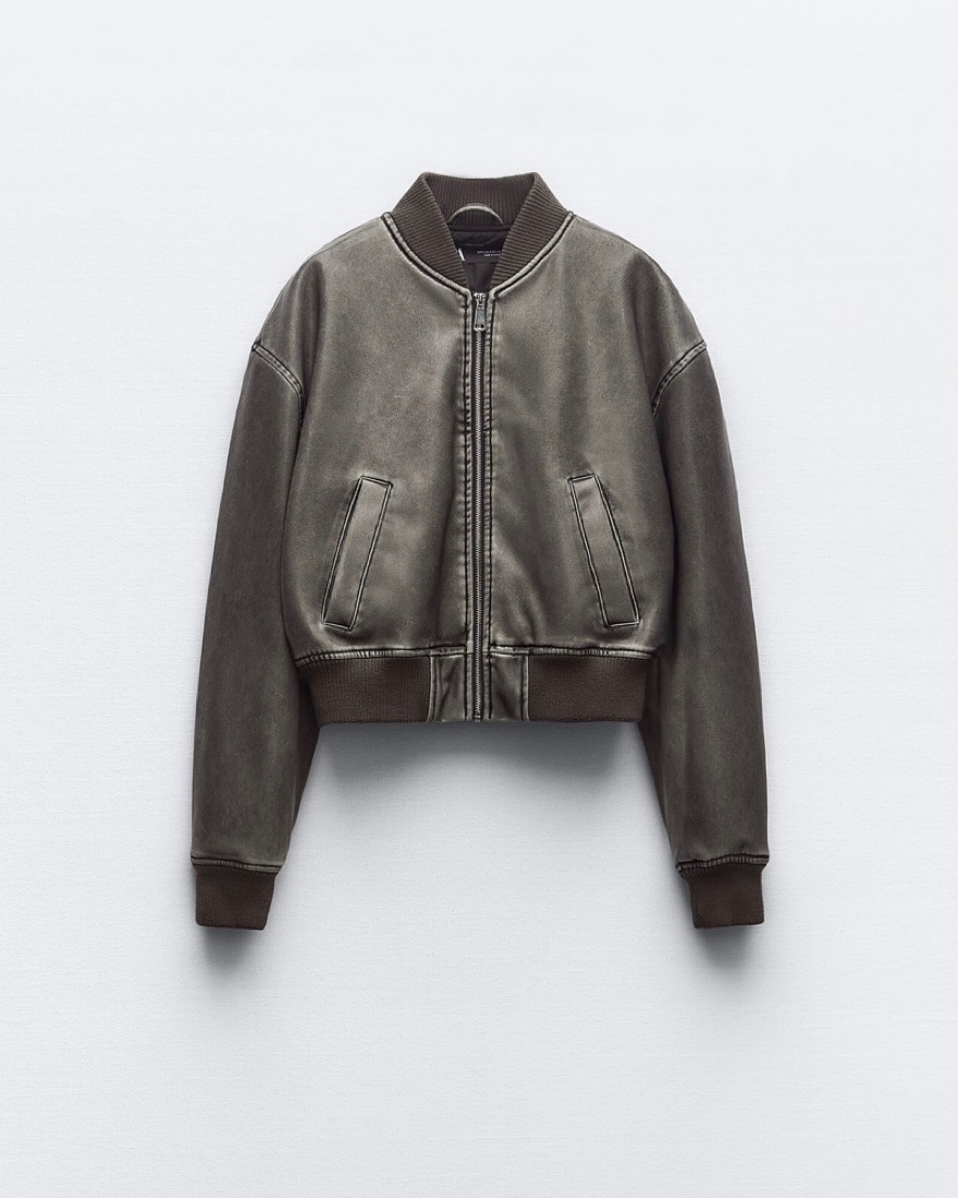 Zara brown leather bomber jacket - Image 1