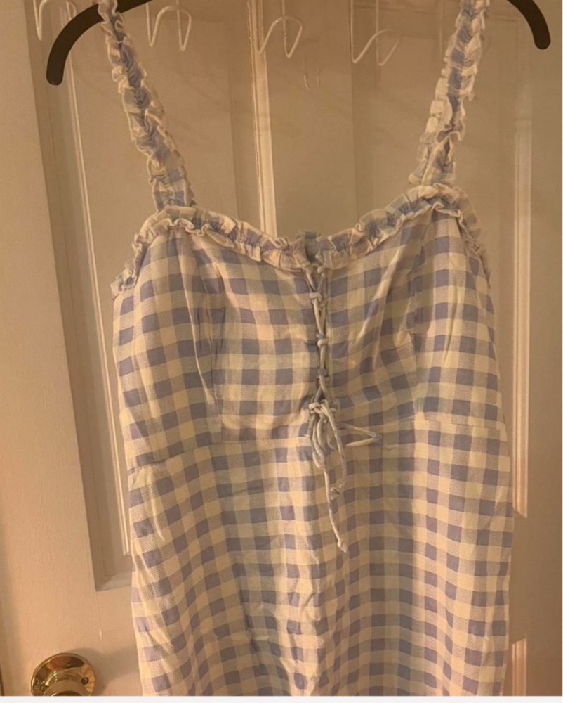blue plaid dress urban outfitters Urban Outfitters UO Brooke Check Corset Mini Dress  White Chocolate Couture