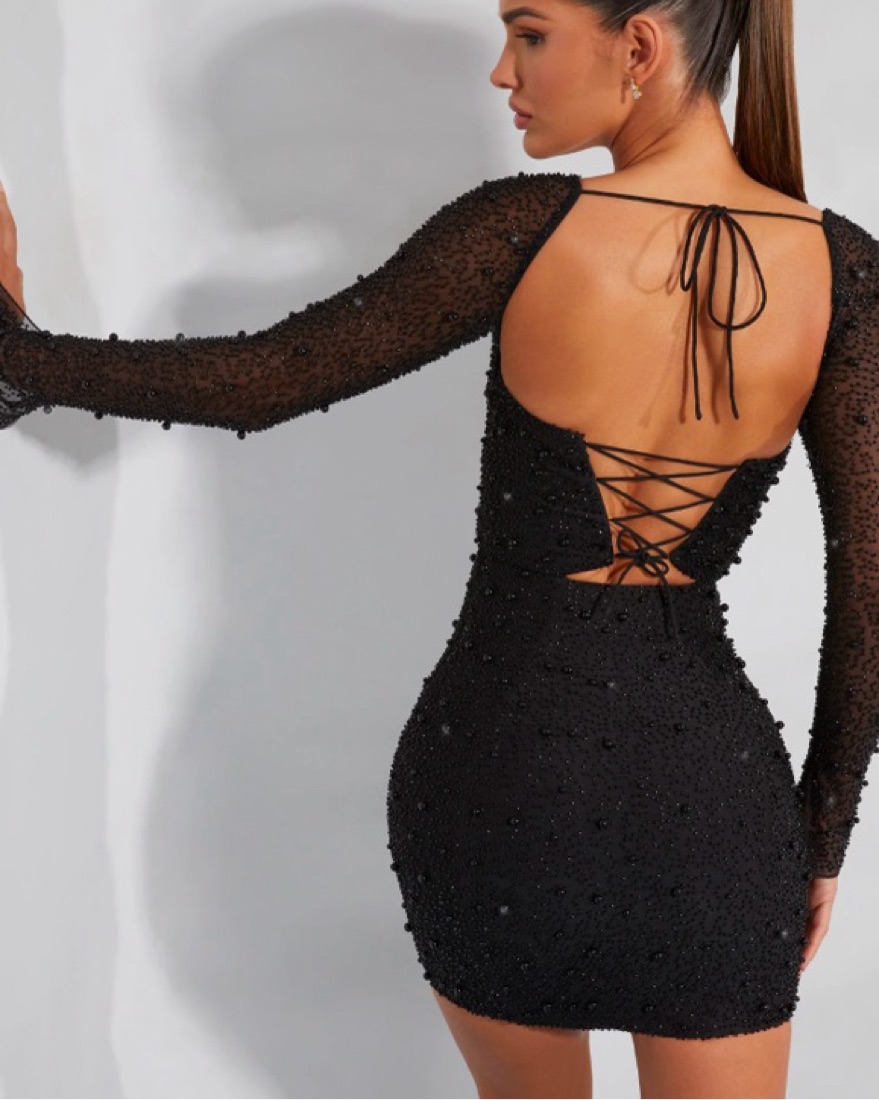 fitted lace wedding dress Long Sleeve Embellished Backless Maxi Dress in Black - 10 main image 0