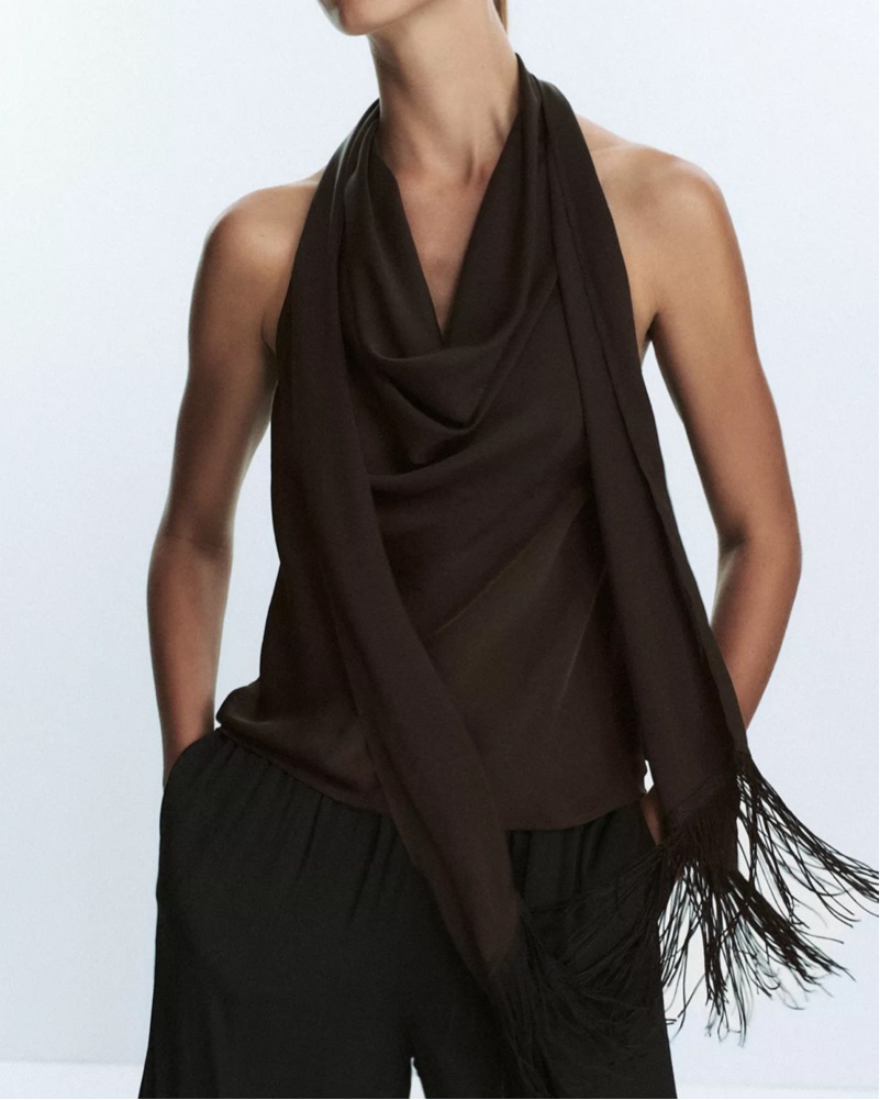 Fringed Satin Scarf Top by Zara - Pickle