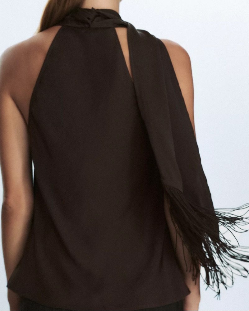 Fringed Satin Scarf Top by Zara - Pickle