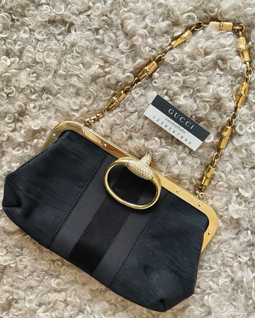 GUCCI Satin Lizard Trim Evening Bag by Gucci - Pickle
