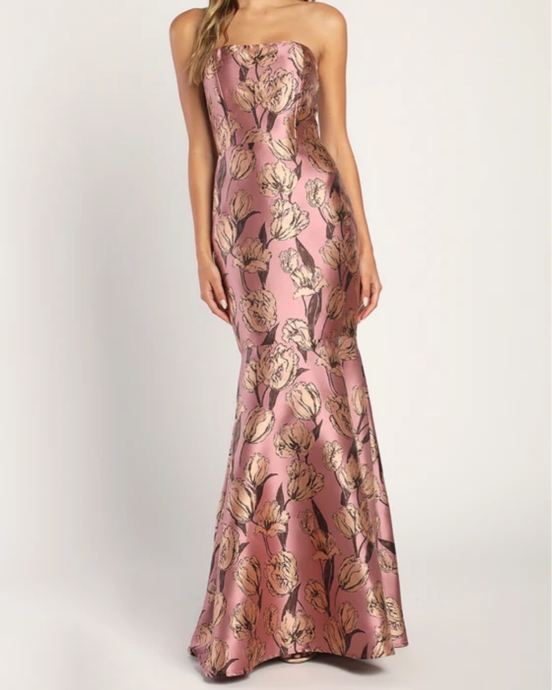 Strapless Floral Jacquard Gown by Lulus - Pickle