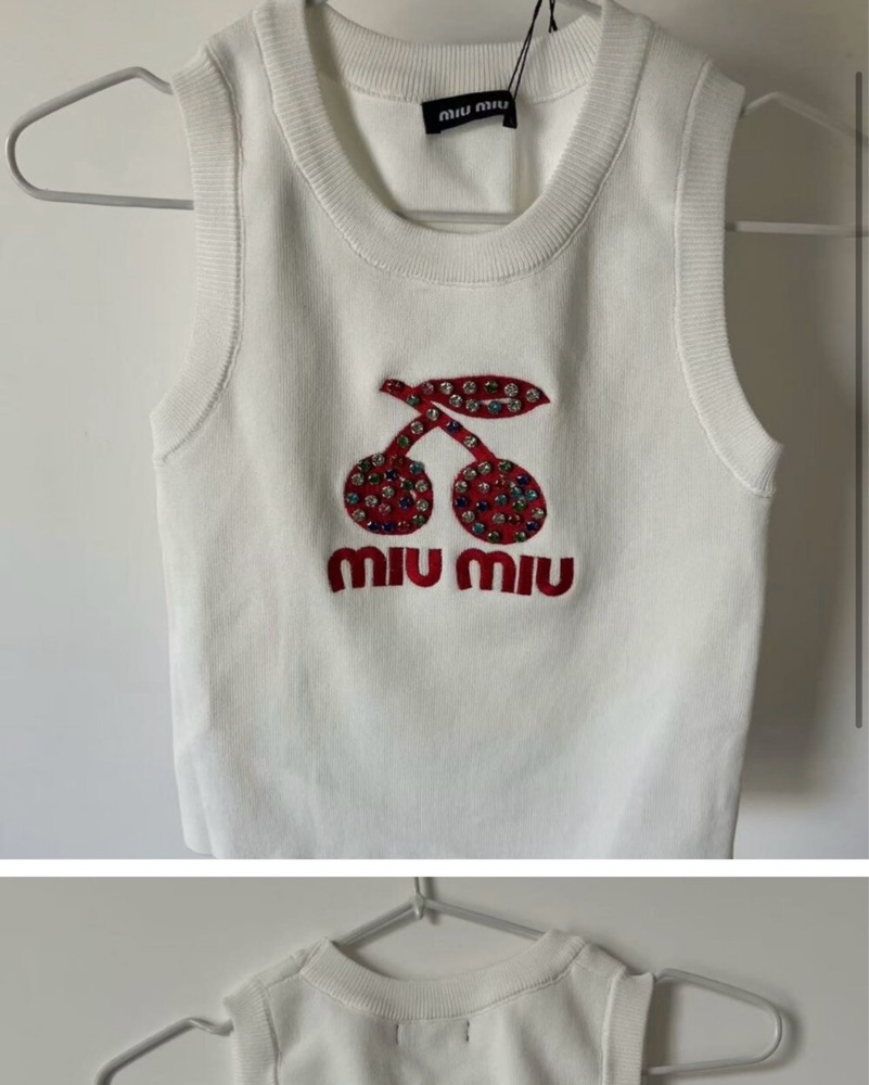 Miu Miu Studded Cherry Print Knit Tank Top by Miu Miu - Pickle