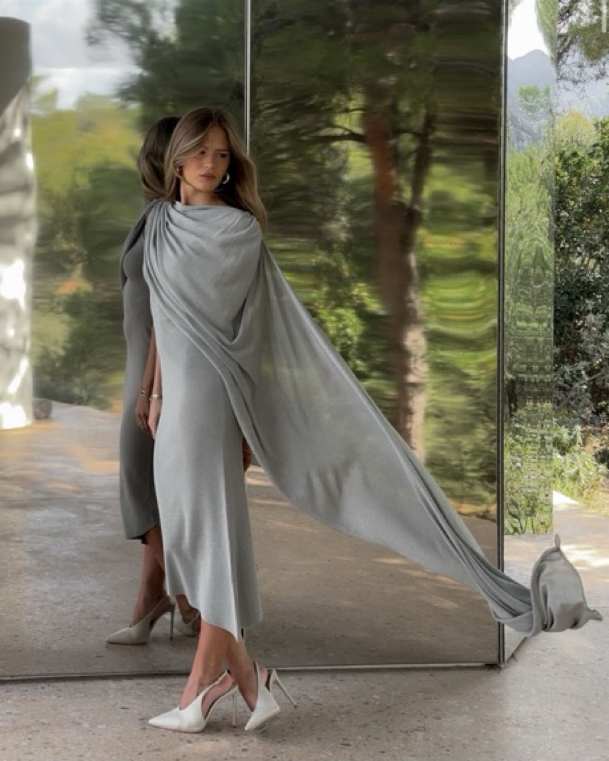 jonnlynx ao- dai dress グレー Gray Wool Swing Midi Dress – Handmade Long Sleeve | Xiaolizi 1616