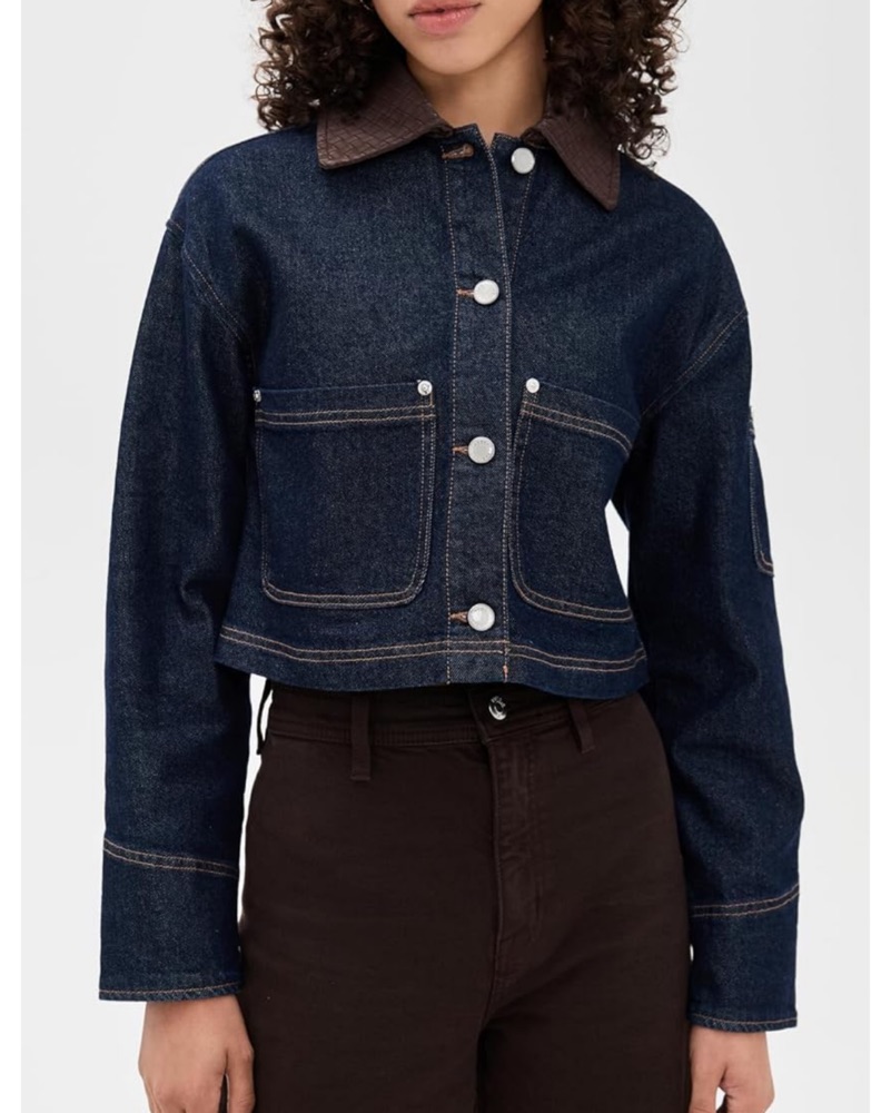 Stylish Denim Jacket with Faux Leather Collar by Aligne - Pickle
