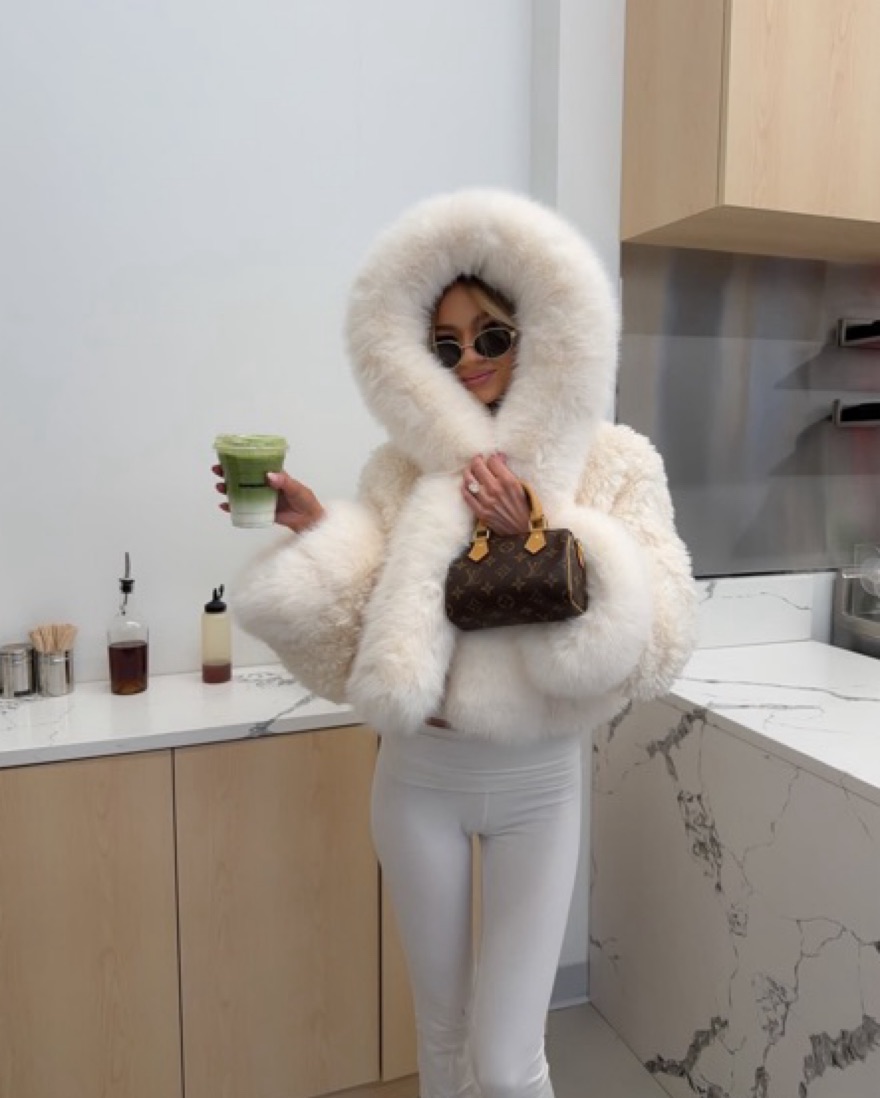 Kali White Cropped Vegan Fur Jacket Hood by Miss Circle - Pickle