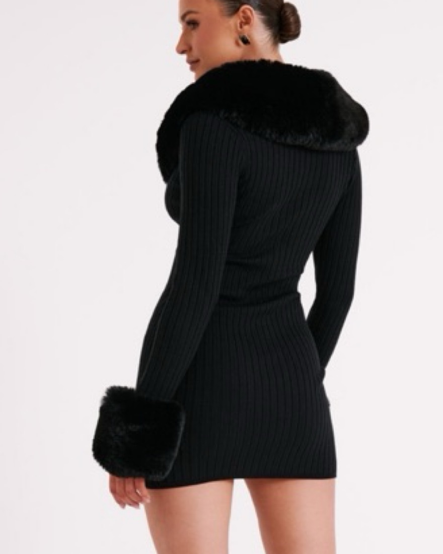 Meshki Aurora Fur Trim Knit Mini Dress by Meshki - Pickle