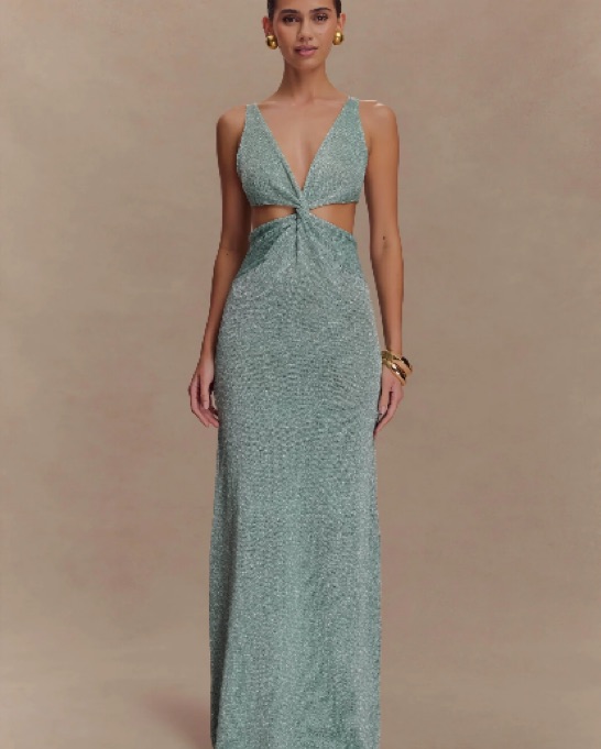 Twisted Metallic Knit Maxi Dress - Aqua by Meshki - Pickle