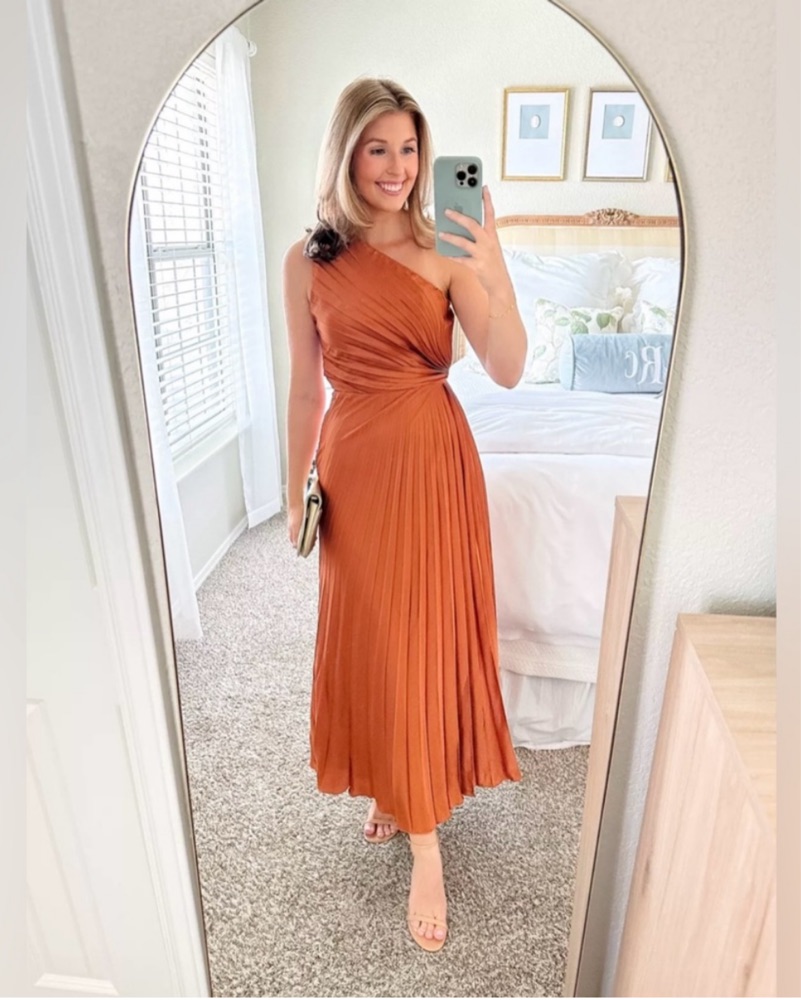 Orange One-shoulder Pleated Maxi Dress by Abercrombie and Fitch