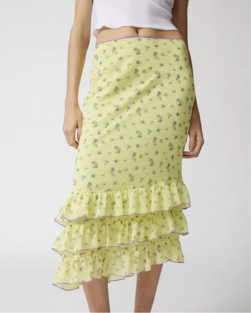 Ruffle Midi Skirt - Floral Yellow by Urban Outfitters - Pickle