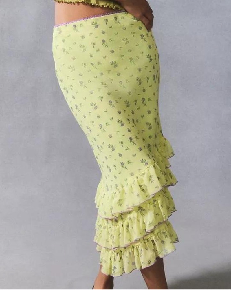 Ruffle Midi Skirt - Floral Yellow by Urban Outfitters - Pickle