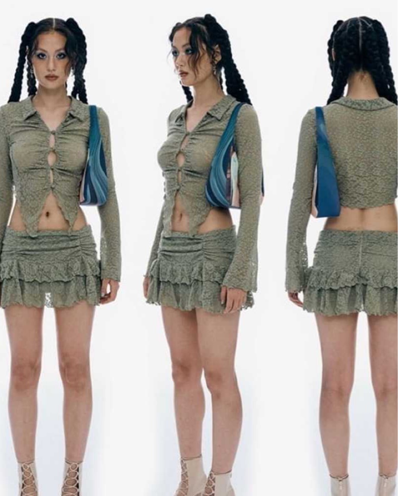 【Lure you in】SKIRT & LACE TOPS Expired Girl Chloe Green Lace Set by Expired Girl - Pickle