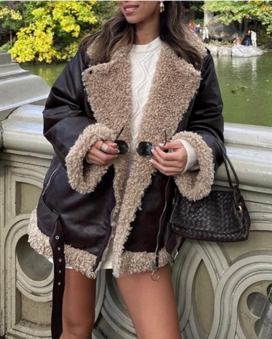 Two-tone Brown Sherpa Leather Coat by WeWoreWhat - Pickle