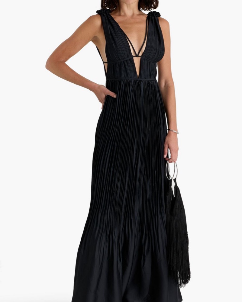 SIMKHAI Black Ostara Plisse-Satin Gown by Jonathan Simkhai - Pickle
