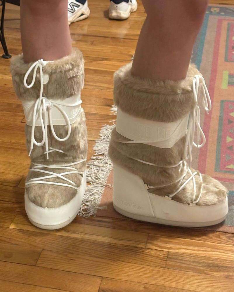 white and tan fur moon boots by Moon Boots - Pickle