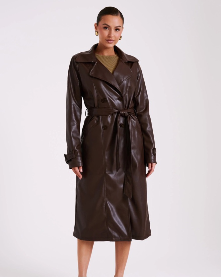 Meshki Dark Brown Isla Pu Trench Coat by Meshki - Pickle