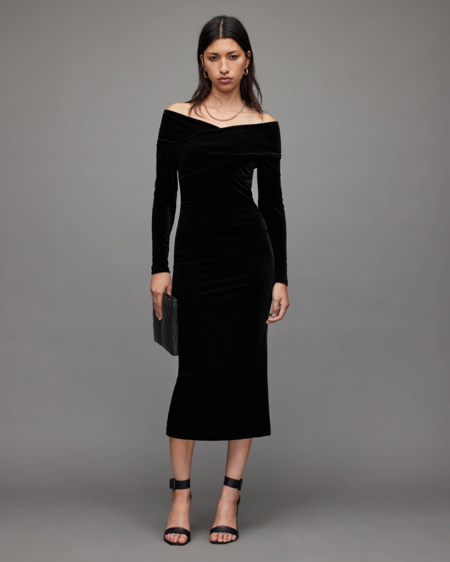 AllSaints Delta Off Shoulder Velvet Midi by All Saints - Pickle