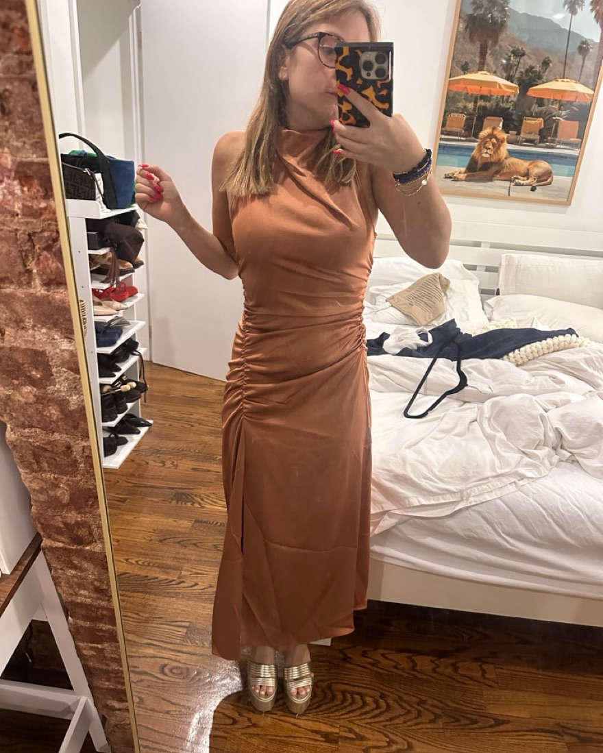 ALC Ruched Satin Midi Dress in Copper by ALC - Pickle