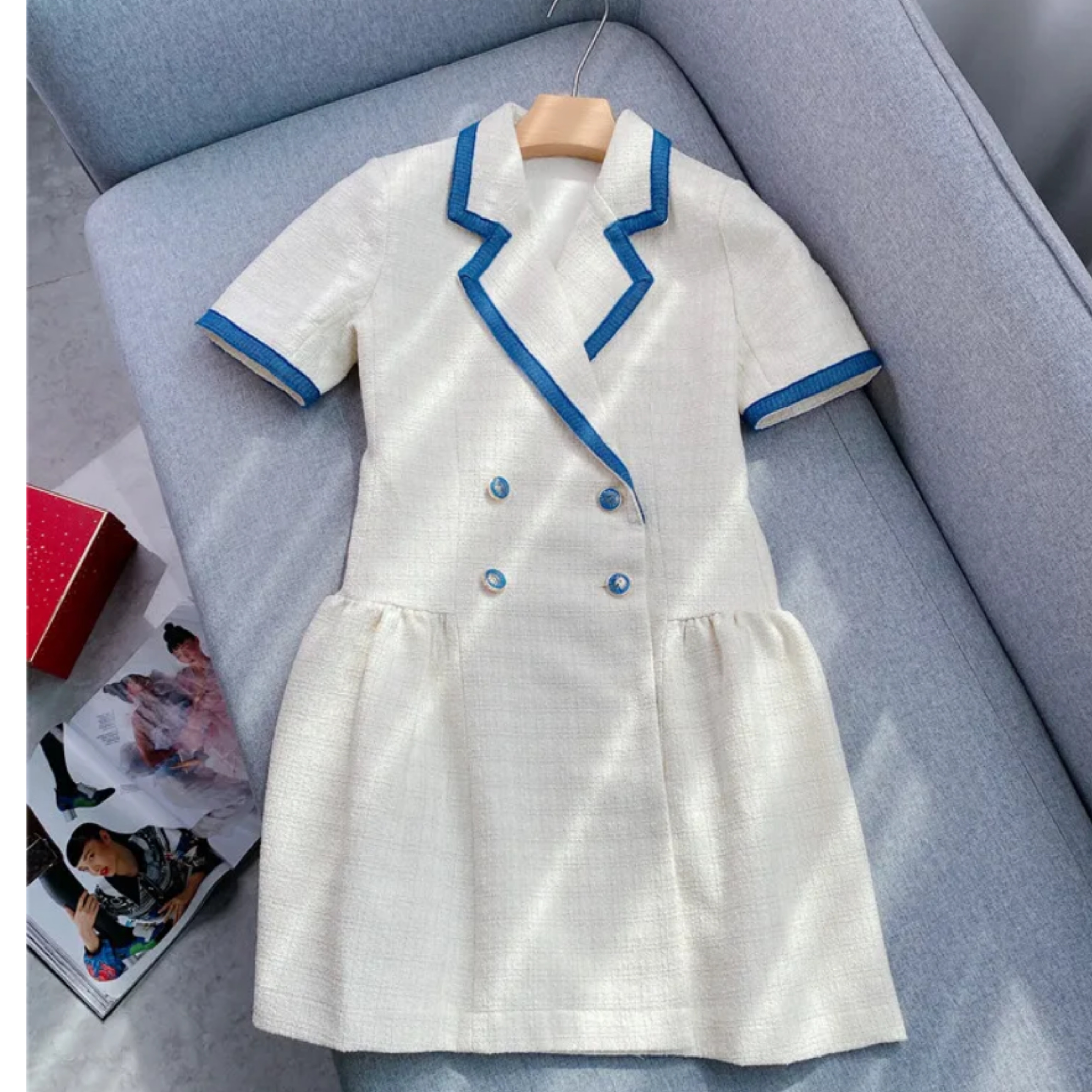 ぴろ SANDRO デニムトリム ツイードミニドレス 半袖ミニワンピース ぴろ SANDRO デニムトリム ツイードミニドレス 半袖ミニワンピース