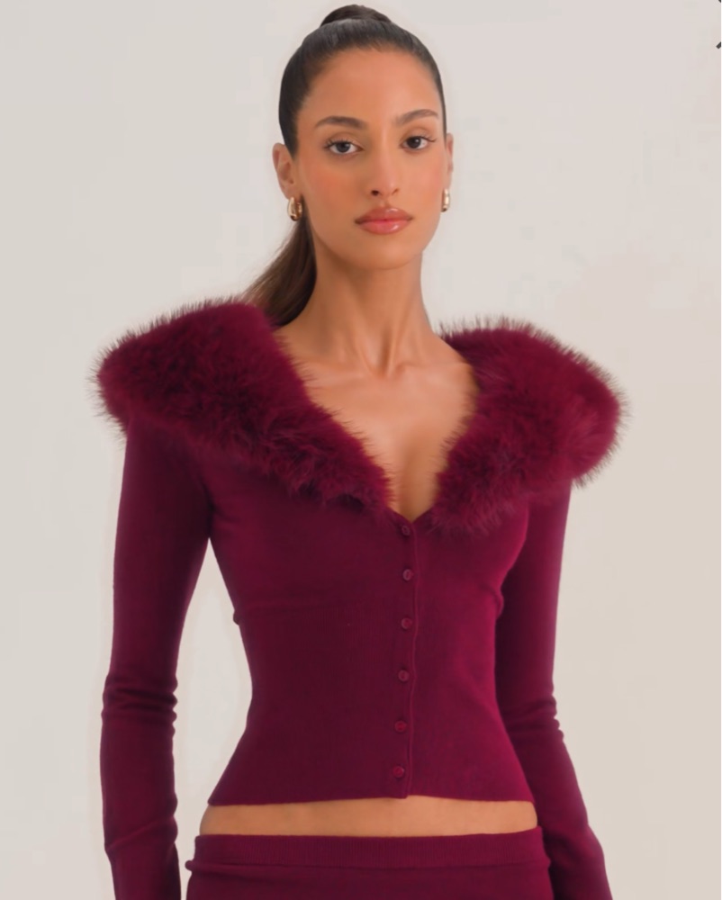 【0113-3】MissAdora ファーニットアンサンブル Knit Faux Fur Trim Cardigan In Wine by Oh Polly - Pickle