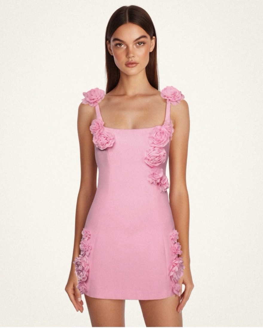 Elaina Pink Rosette Applique Mini Dress by Jwpei - Pickle