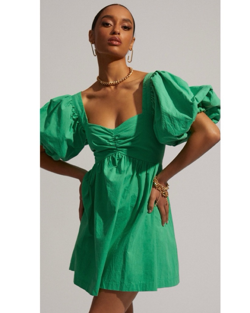 VASHTI MINI DRESS - PUFF SLEEVE GREEN by Showpo - Pickle