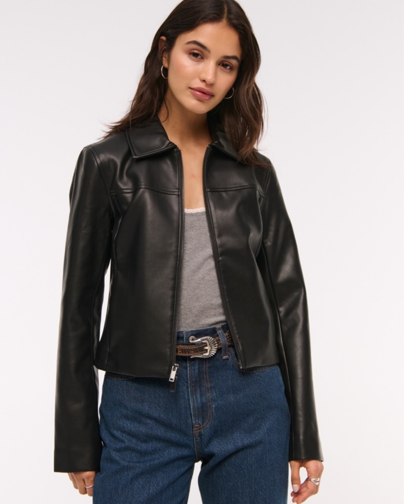 Slim Vegan Leather Jacket by Abercrombie and Fitch - Pickle