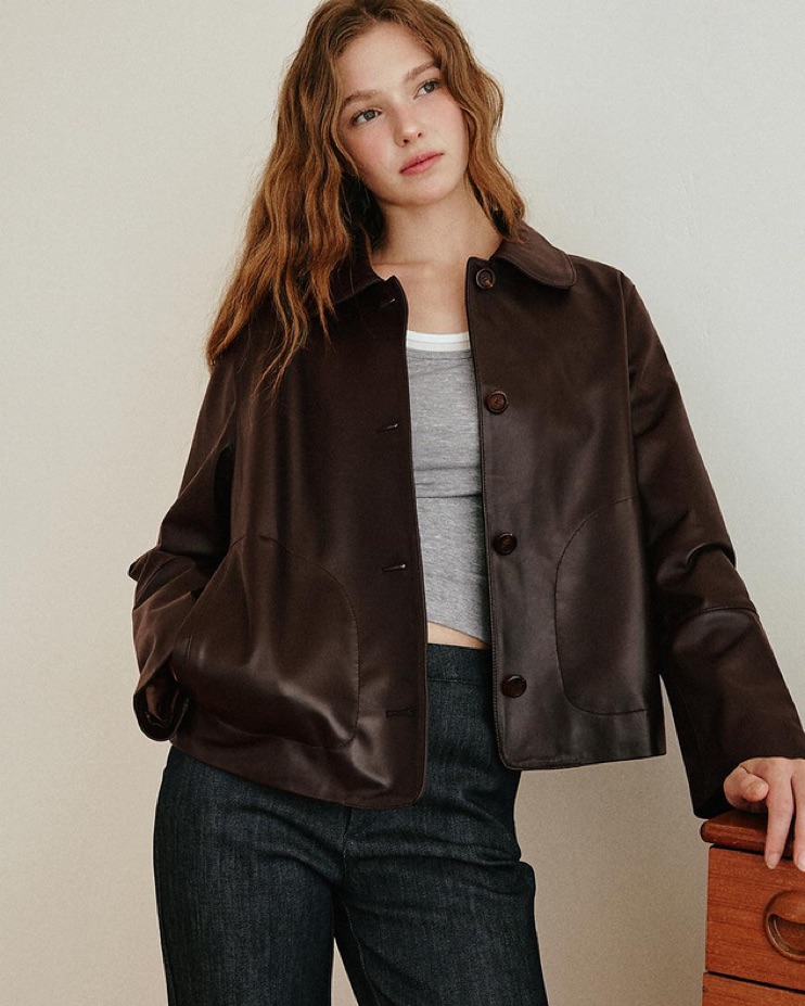 Leftseoul Real Leather Loose Crop Jacket by Leftseoul - Pickle