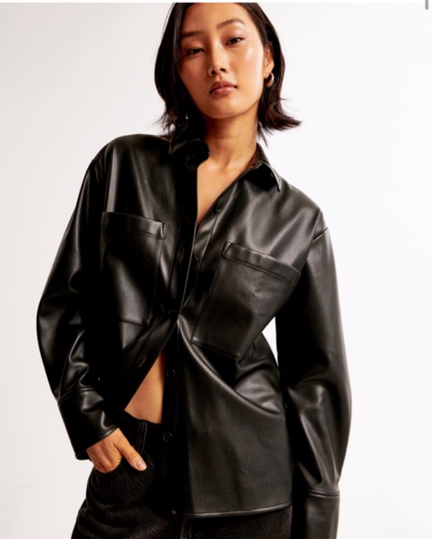 Oversized Vegan Leather Shirt Jacket by Abercrombie and Fitch - Pickle