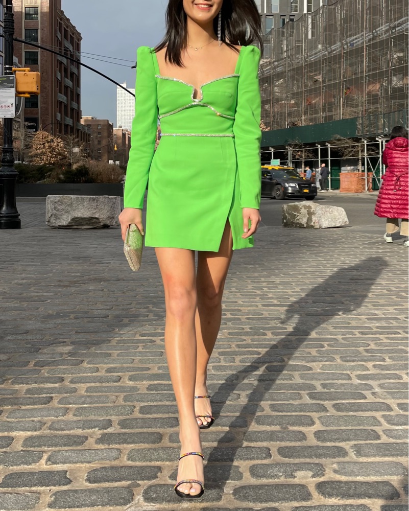 新品 self-portrait グリーンミニドレス サイズ　UK04 Self-Portrait Green Rhinestone Mini by Self-Portrait - Pickle