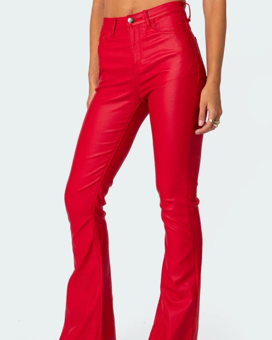 Luna Faux Leather Flare Jeans in Red by Edikted - Pickle