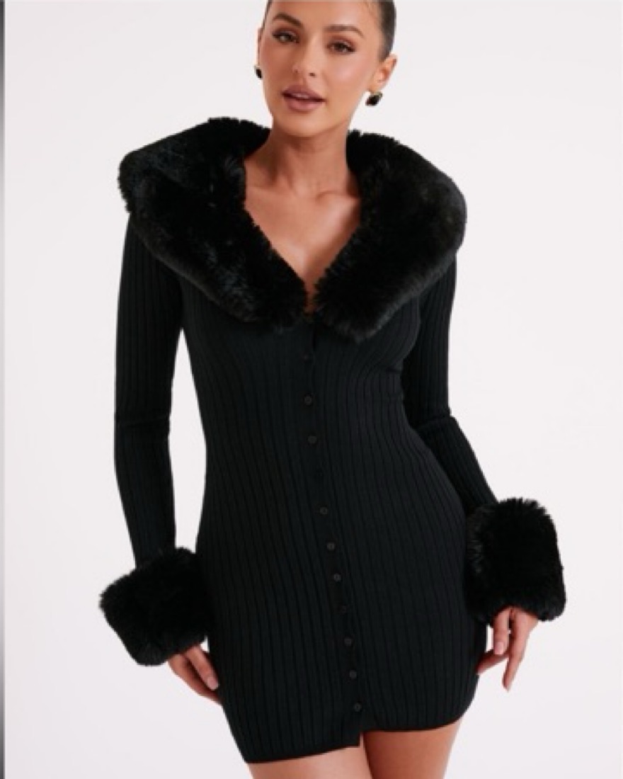 ワンピース Fur collar micro check dress Buy Dark Green Check Faux Fur Collar Knitted Mini Jumper Dress