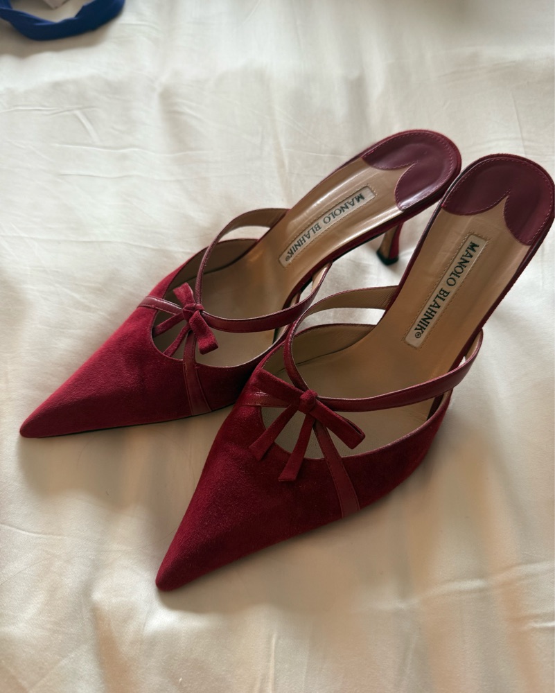 Red Suede Manolo Blahnik Heels by Manolo Blahnik - Pickle