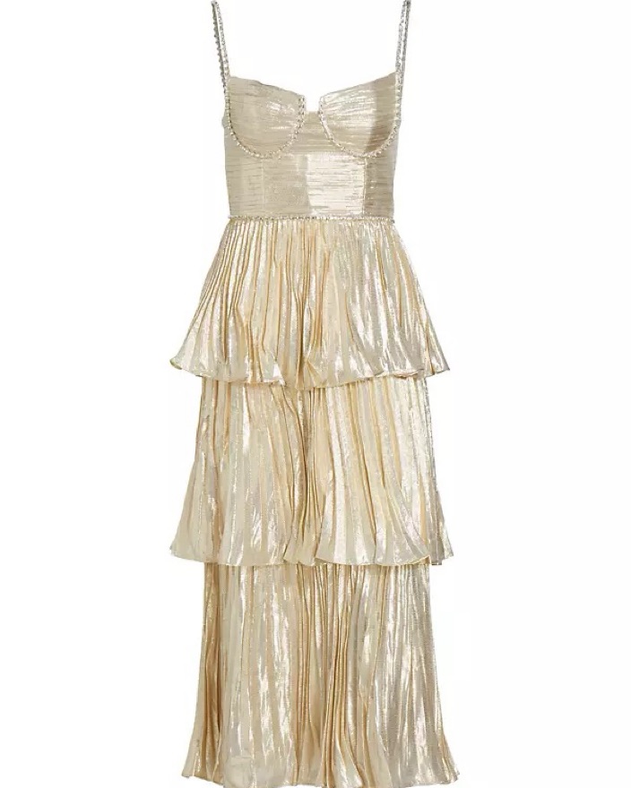 Self Portrait Gold Metallic Tiered Midi by Self Portrait - Pickle