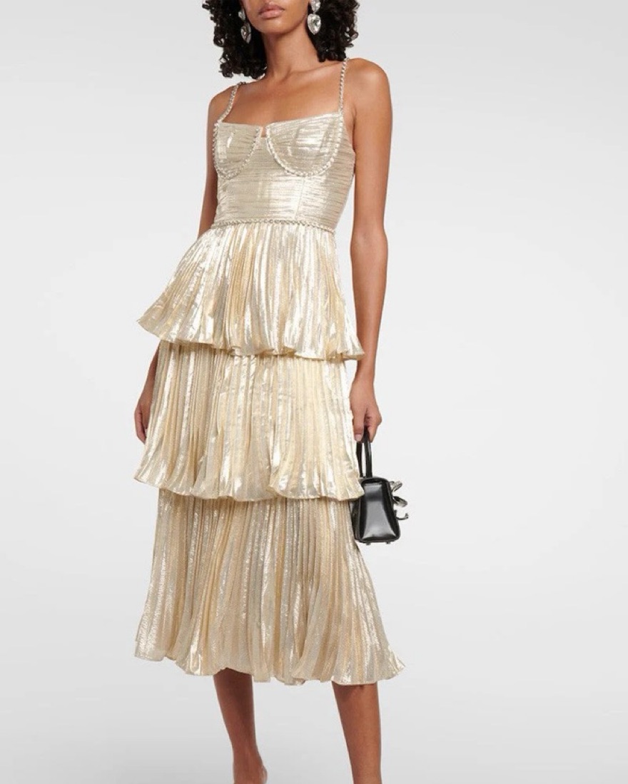 Self Portrait Gold Metallic Tiered Midi by Self Portrait - Pickle