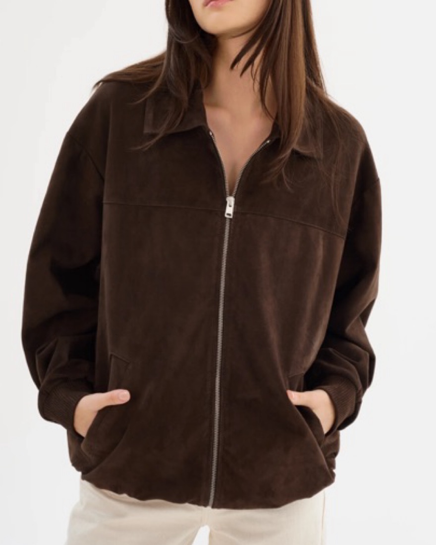 【定価39600円】 98648 DK.BROWN SUEDE Brown Suede Oversized Bomber Jacket by LAMARQUE - Pickle