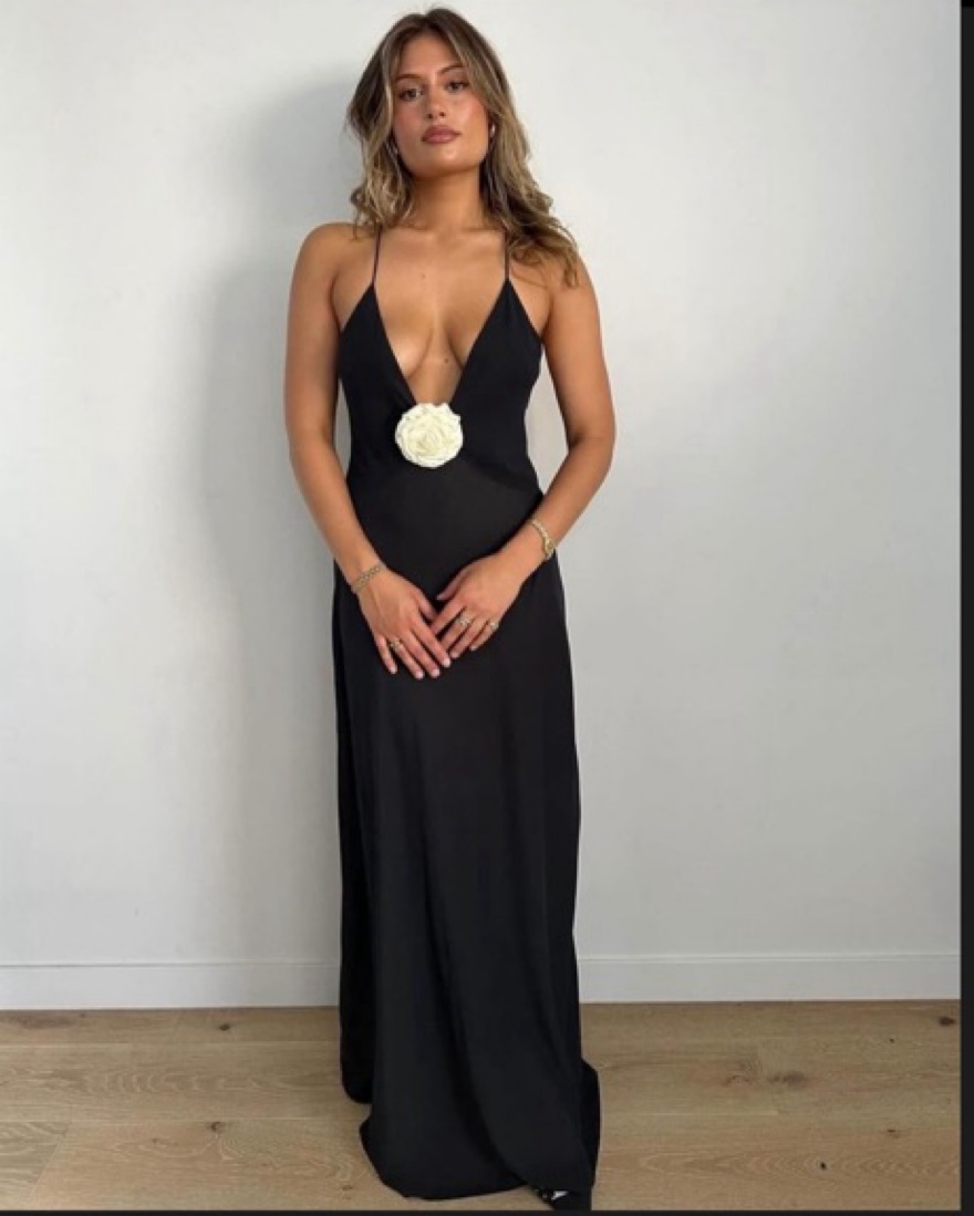 Helsa Black Dress w/ White Flower Plunge by Helsa - Pickle